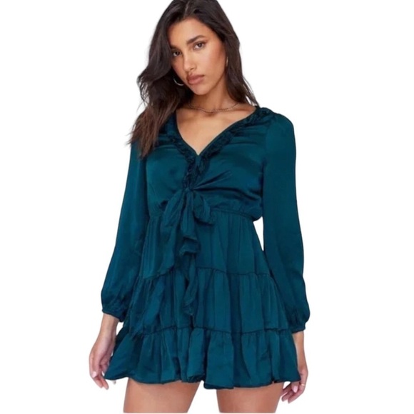 PRINCESS POLLY Randi Dress Women's Size 10 Teal Mini Ruffles Long Sleeves NWT - Picture 2 of 14